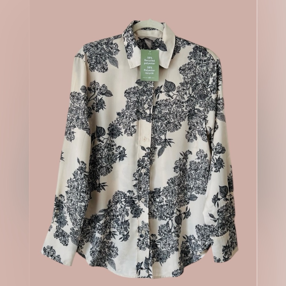 H&M Cream Black Floral Print Blouse NWT